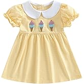 Little Kids Toddler Baby Girl Summer Clothes Puff Sleeve Doll Collar Dress Ice Cream Embroidery Stripe Dresses Playwear