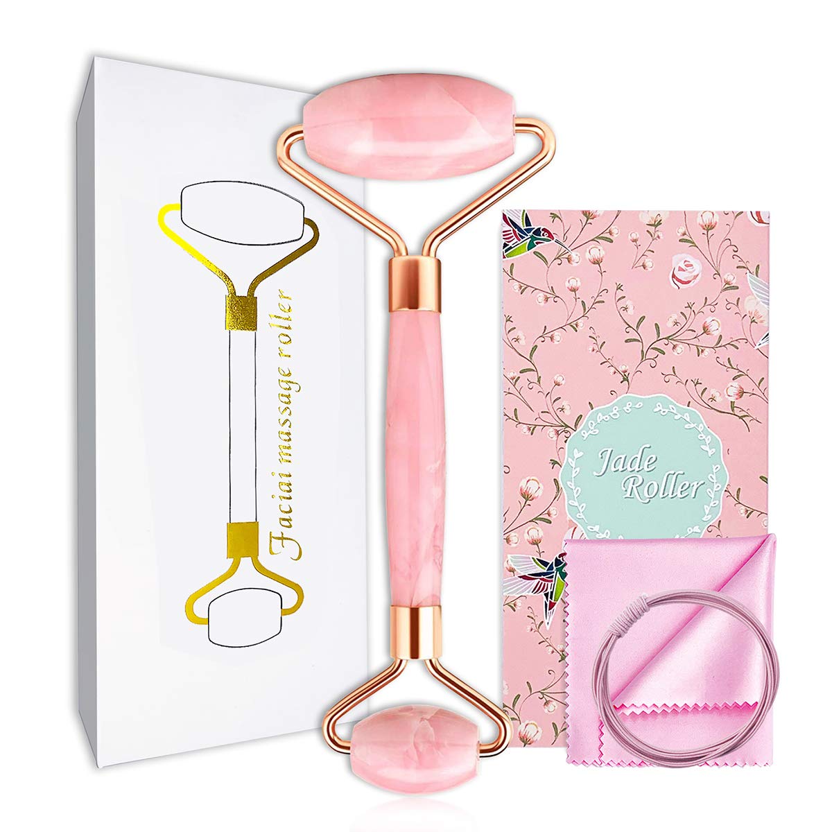 Rose Quartz Facial Roller-Pink Jade Roller for Face-Facial Skin Roller for Eye,Neck-Natural Stone Face Massager Roller BeautyTool for Wrinkles,Flawless Contour,Tightening,Lift Firming,Anti Aging