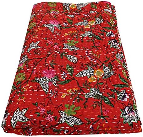Sophia Art Indian Handmade Bohemain Beddding Bedspread Kantha Throw Quilt Cotton Kantha Bird of Paradise Twin Home Decor Kantha Quilt (Red)