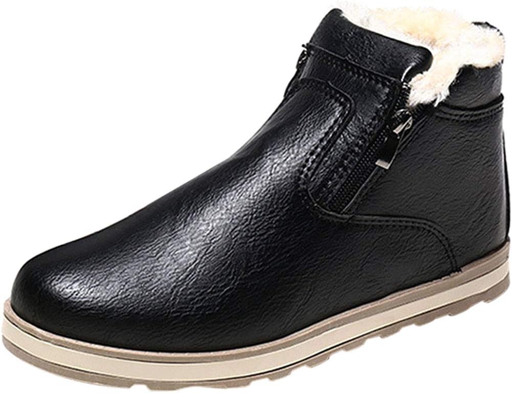Wealsex Mens Fashion Winter Warm Shoes Fully Fur Lined Snow Boots Leather Side Zip Casual Outdoor Boots Anti Slip