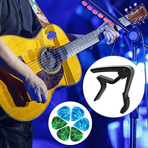 Guitar Capo, Haneye Guitar Capo for 6 String Acoustic and Electric Guitars, Bass, Ukulele, Guitars and Bass Black Guitar Capo Accessories with 6 Pcs Guitar Picks