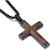 Ropartman Wooden Cross Necklace for Men, 【Hand-Inlaid Real Sandalwood 】 Mens Cross Necklaces Christian Black Stainless Steel Crucifix Pendant, Includes 24" Round Box Chain