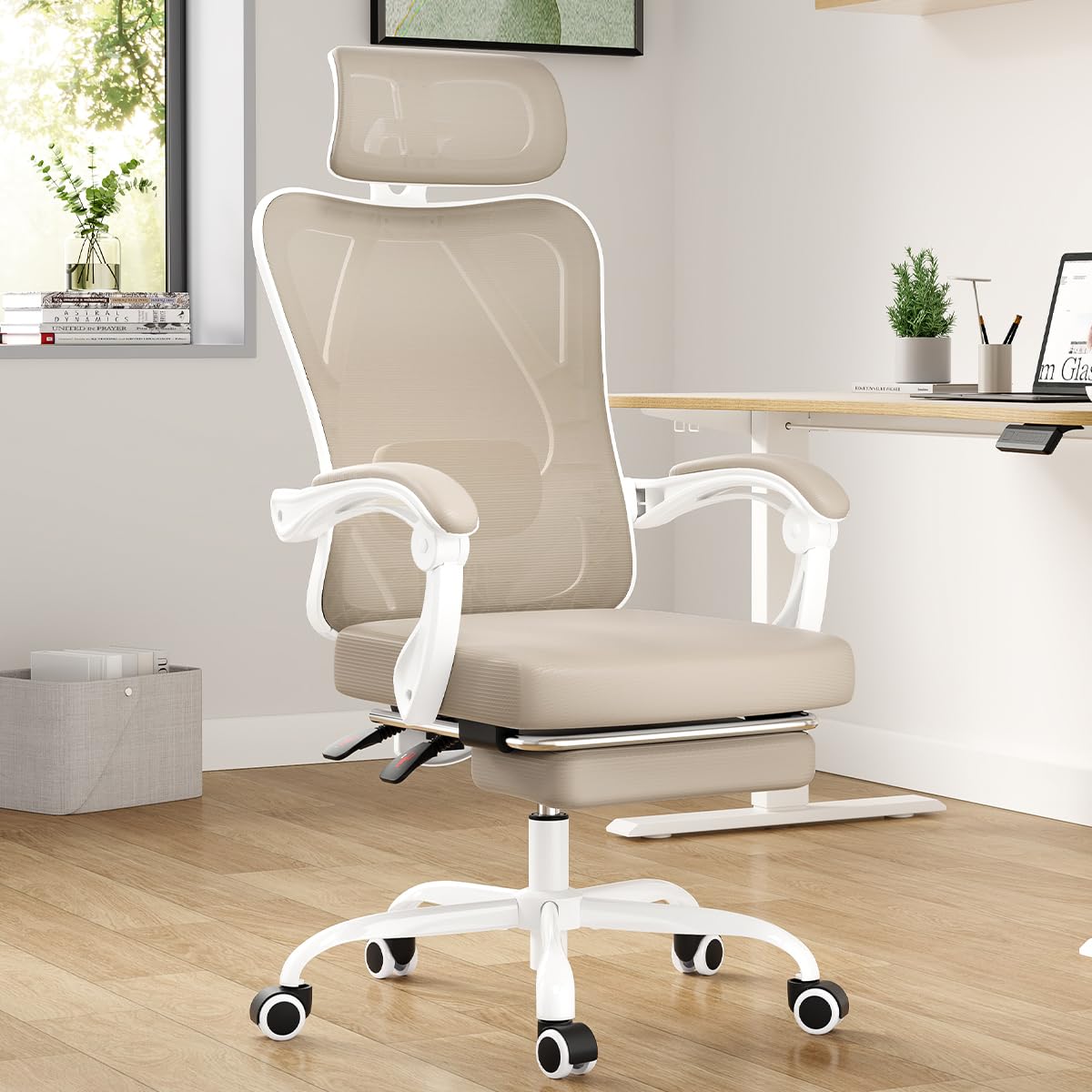 Photo 1 of Farini Ergonomic Office Chair with Footrest, Mesh Office Desk Chair with Headrest, High Back Computer Chair with Adjustable Lumbar Support.for Home Office Study Room Bedroom (Khaki)