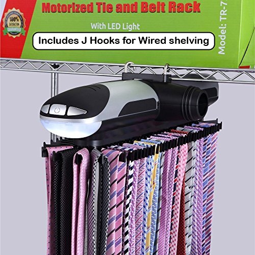 Primode Motorized Tie Rack with LED Lights - Bonus Stainless Steel Tie Clip Set - Stores Up To 72 Ties with 8 Belts, Rotation Operates With Batteries, Includes J Hooks for Wire Shelving Home & Kitchen, Storage & Organization, Clothing & Closet Storage, Accessory Organizers, Tie Racks