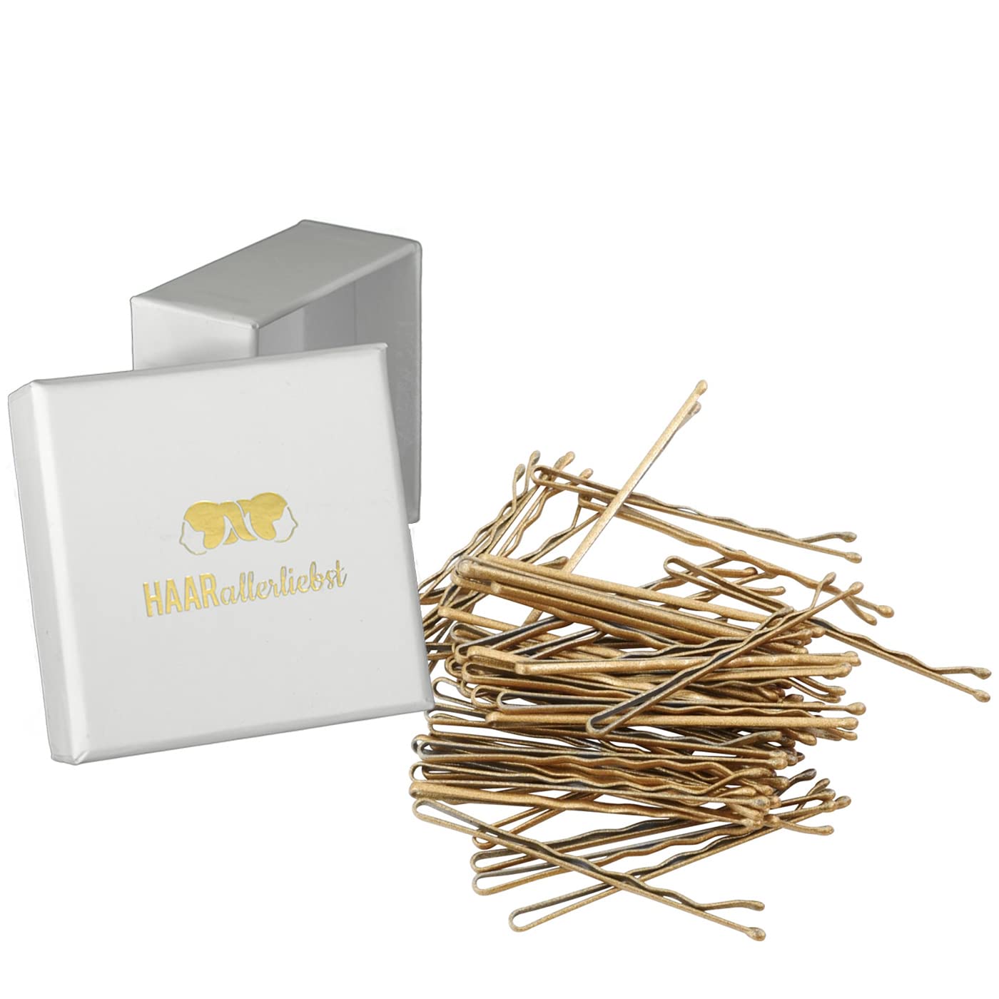 HAARallerliebst 50 Hair Pins - 5 cm Bobby Pins - Gold Glitter for All Hair Types - Women's Hair Clips & Hair Pins in White Box - Perfect Hair Pin for Styling & Hold