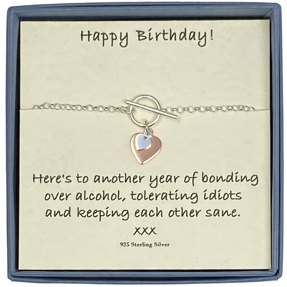 Strictly Gifts Birthday Bracelet for Women with Gift Box and Funny Card Ideal for Best Friend or Sister (Silver and Rose Gold Heart T Bar)