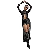 RoseSeek Women's Lace Up Sheer Mesh Long Shirts Grunge Grommet Eyelet See Through Party Rave Tops