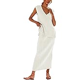 SCUSTY Women's 2 Piece Sweater Skirt Sets Sleeveless V Neck Knit Ribbed Vest Tops Midi Skirt