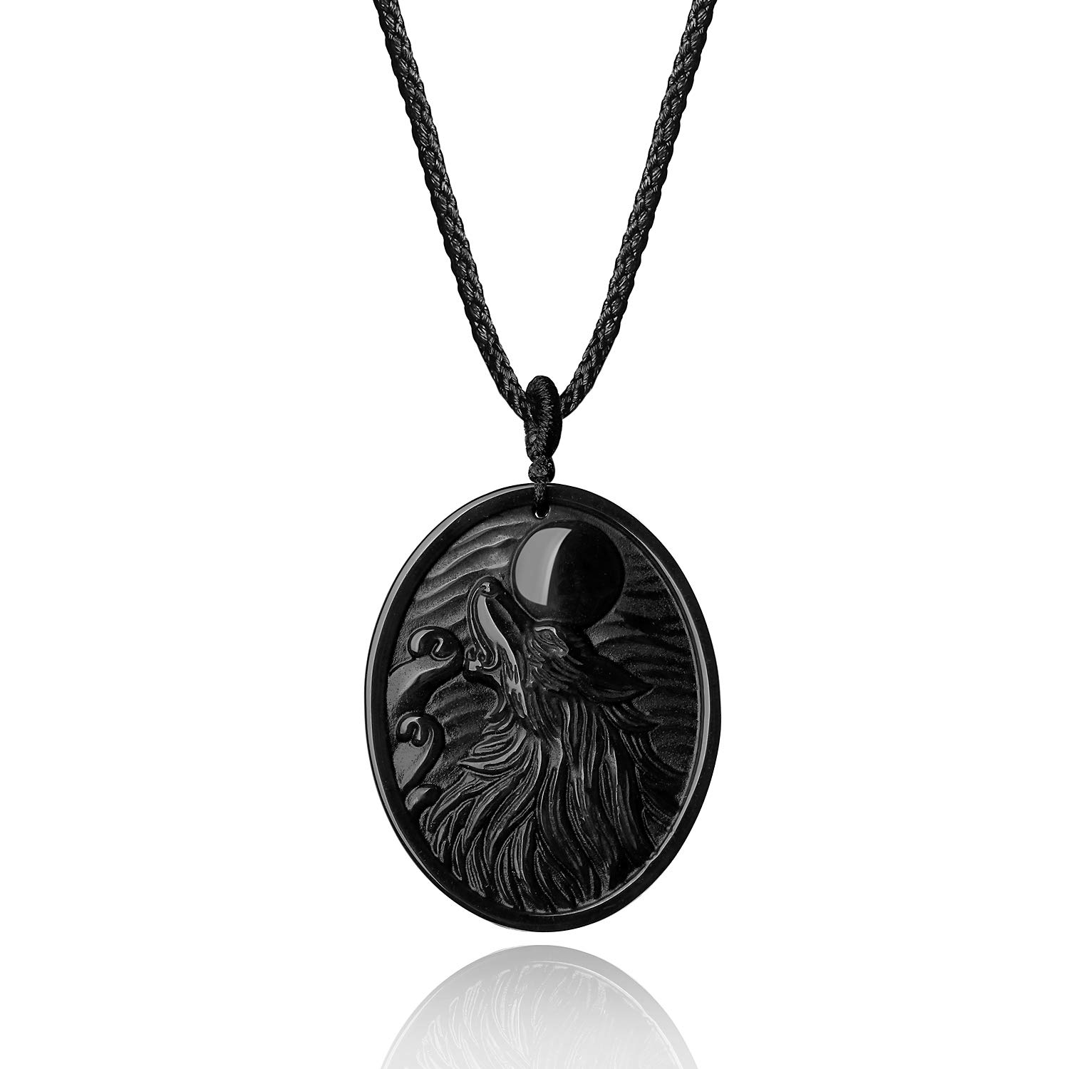 COAI Men's Viking Necklace Black Obsidian Necklace Wolf Pendant Necklace, Nylon Cord