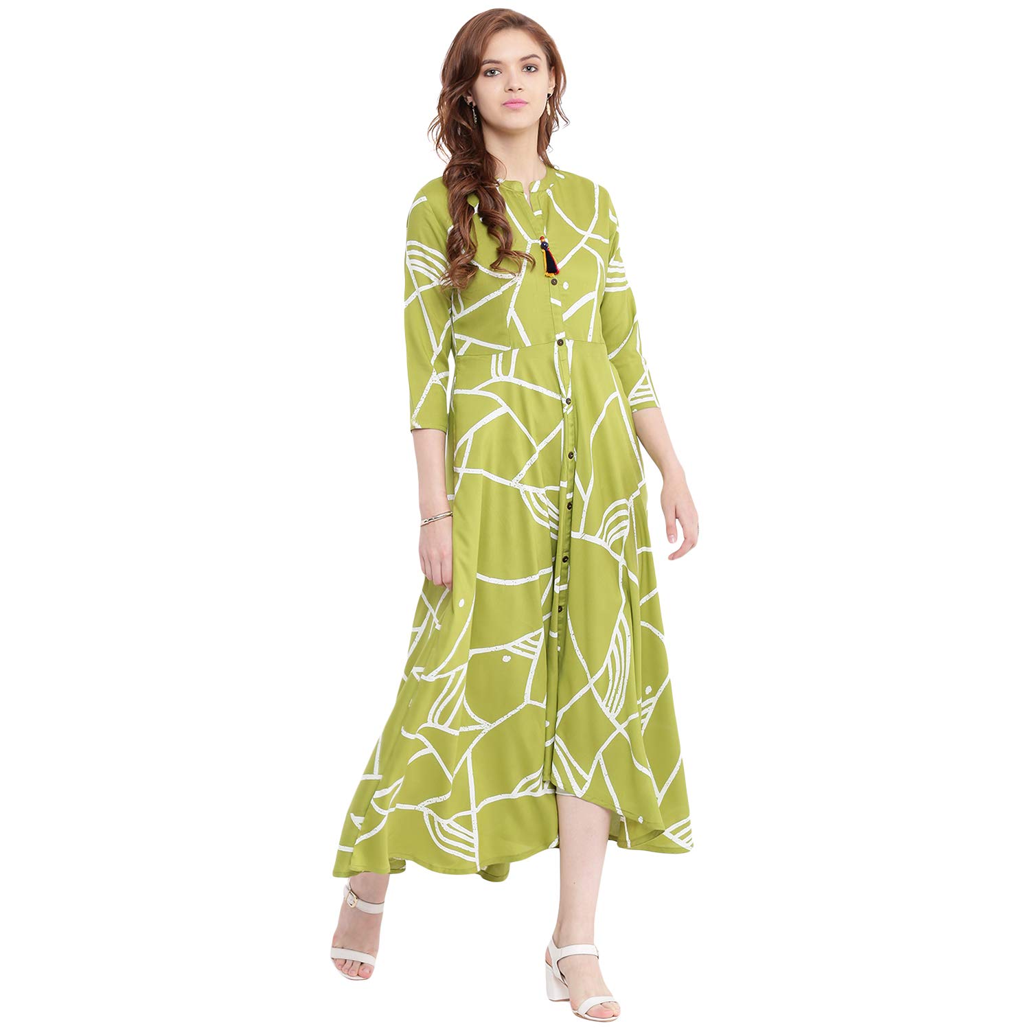 voom women's printed flared kurta (green)