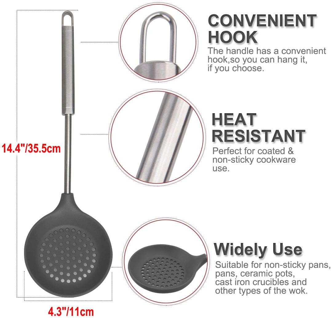 Uxcell 14 4 Inch Length Silicone Slotted Spoon Heat Resistant To 450 F One Piece Design Stainless Steel Handle Skimmer Restaurant Kitchen Cooking Utensil For Serving Soup Dark Gray Serving Utensils Kitchen Dining