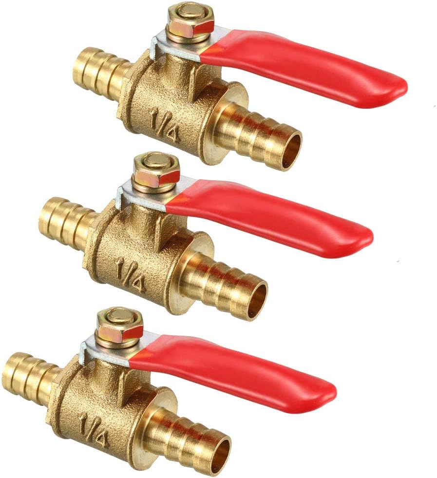 sourcing map 8mm Brass Barb x Barb Mini Ball Valve, 180 Degree Operation Handle 3 Pcs, 8mm Barb x Barb, 3 Pack