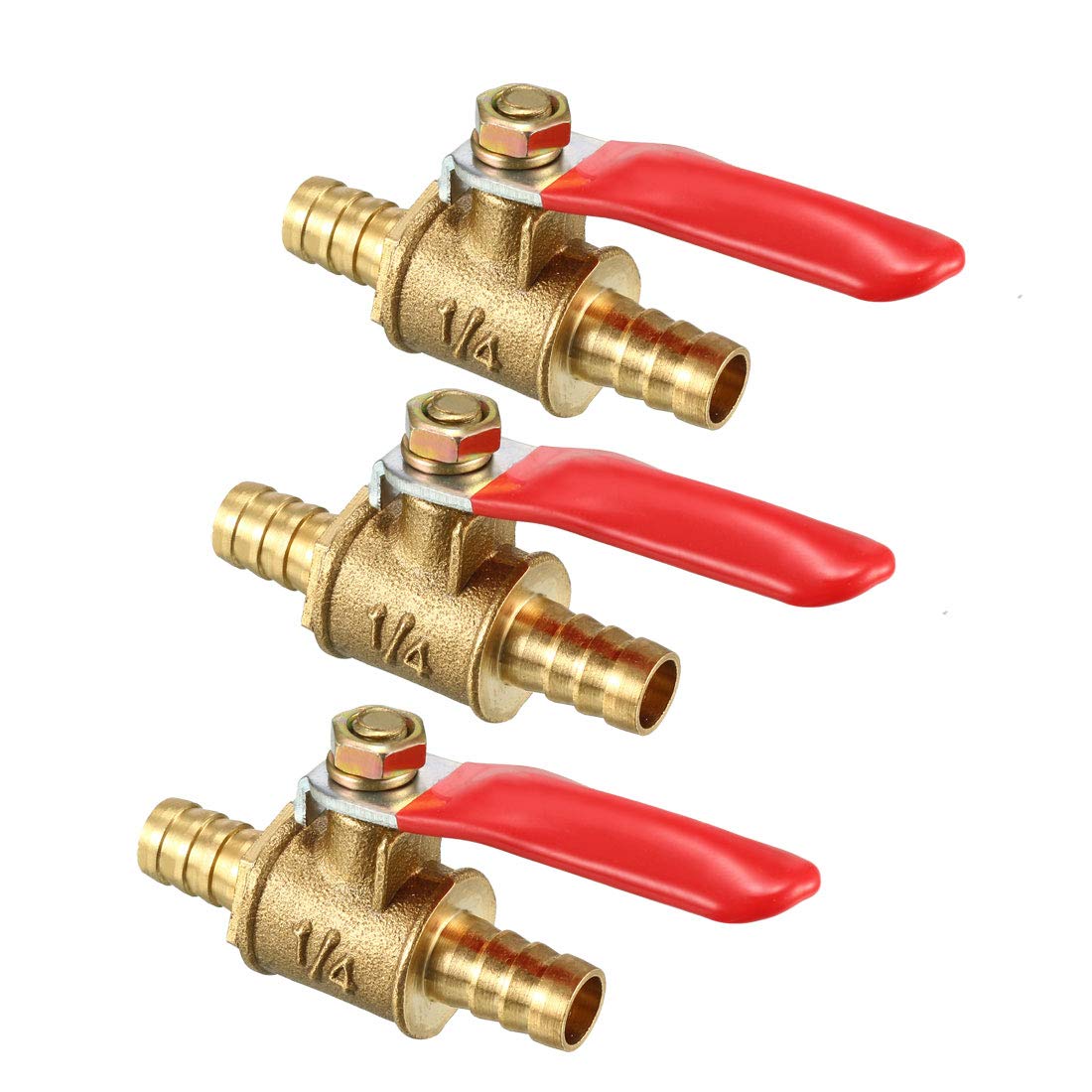 sourcing map 8mm Brass Barb x Barb Mini Ball Valve, 180 Degree Operation Handle 3 Pcs