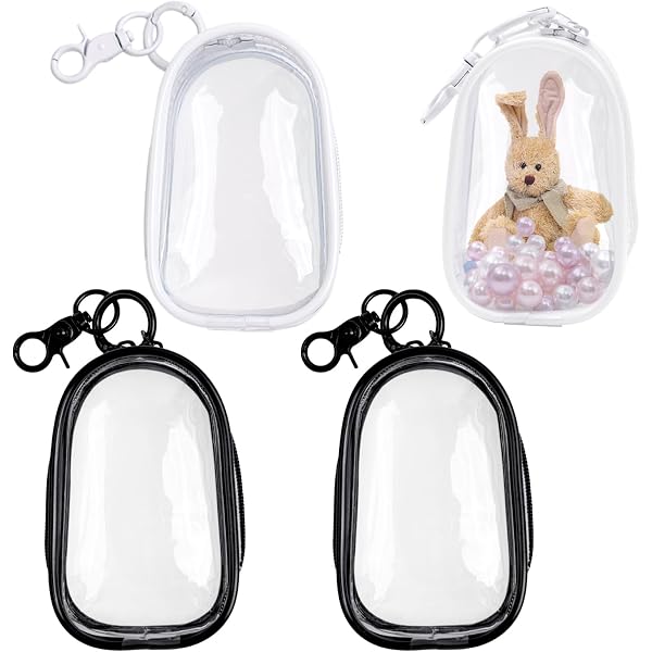 Tinoaly Sac de Présentation Transparent pour Figurines avec Porte-Clés, Pochette Transparente Mini-Poupées avec Boules Colorées en Peluche Boîte Aveugle en PVC pour Collectionneurs de Mini-Poupées