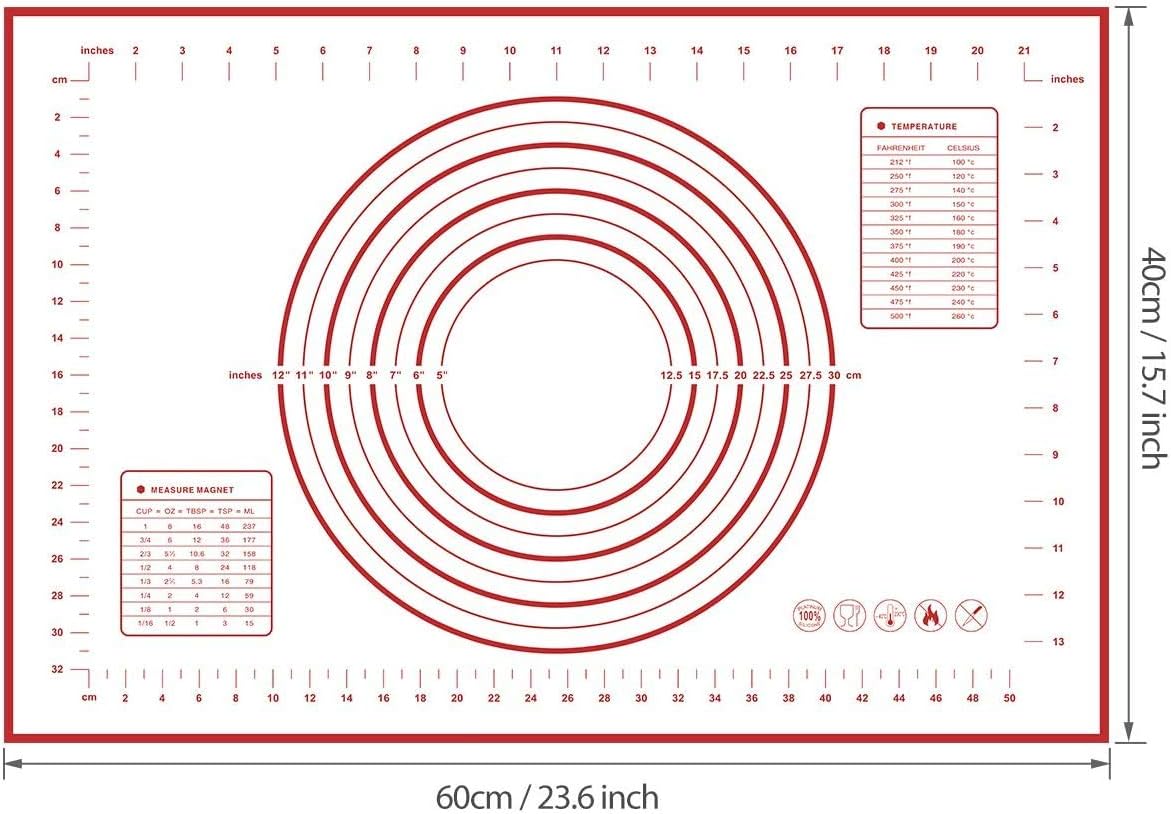 Silicone Pastry Mat Extra Large Non Slip with Measurement, Non Stick, Large and Thick, for Fondant, Rolling Dough, Pie Crust, Pizza and Cookies - BPA Free Easy Clean Kneading Matts, 16" x 24", Red: Kitchen & Dining