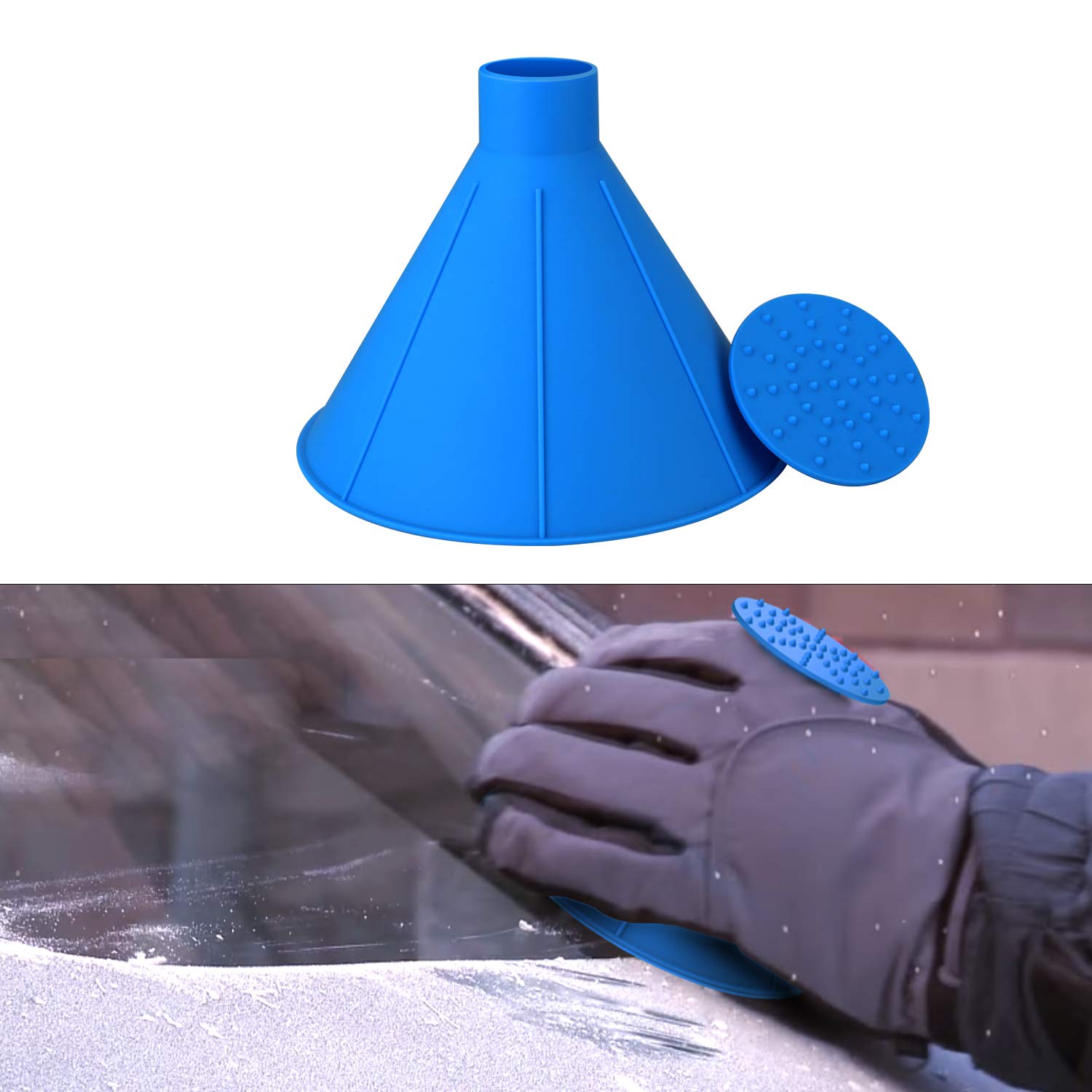 SEVENS 2 Pack Ice Scraper Round Car Window Windshield Cone -Shaped 6.8″ Larger Coverage Diameter Snow Ice Scraper Funnel Removal Tool with 6 Ice Breakers(Blue)