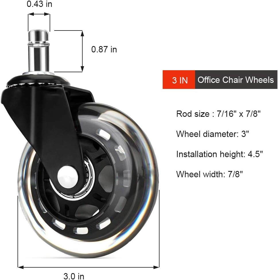 3 In Office Chair Wheels Black Replacements (Set of 5), Swivel chair wheelsfor All Floors Including Hardwood, Perfect Replacement for Rubber Desk Chair Casters Rollerblade Style Universal fit : Office Products