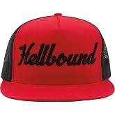 Hellbound Trucker Cap for Men &ndash; Flat Bill Mesh Snapback Hat &ndash; 5-Panel Red Cap with Bold Black Hellbound Front &ndash; One Size Adjustable &ndash; Cotton/Poly/Nylon Blend &ndash; Outdoor Summer Baseball Hat