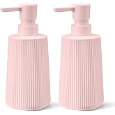 zuxzmj Pink 2 Pack Hand Soap Dispensers Set for Bathroom | No Rust Pump Refillable Striped Matte Plastic Soap Bottles 8.5 oz Kitchen Vanity Countertop Decor Cute Girls Room Design