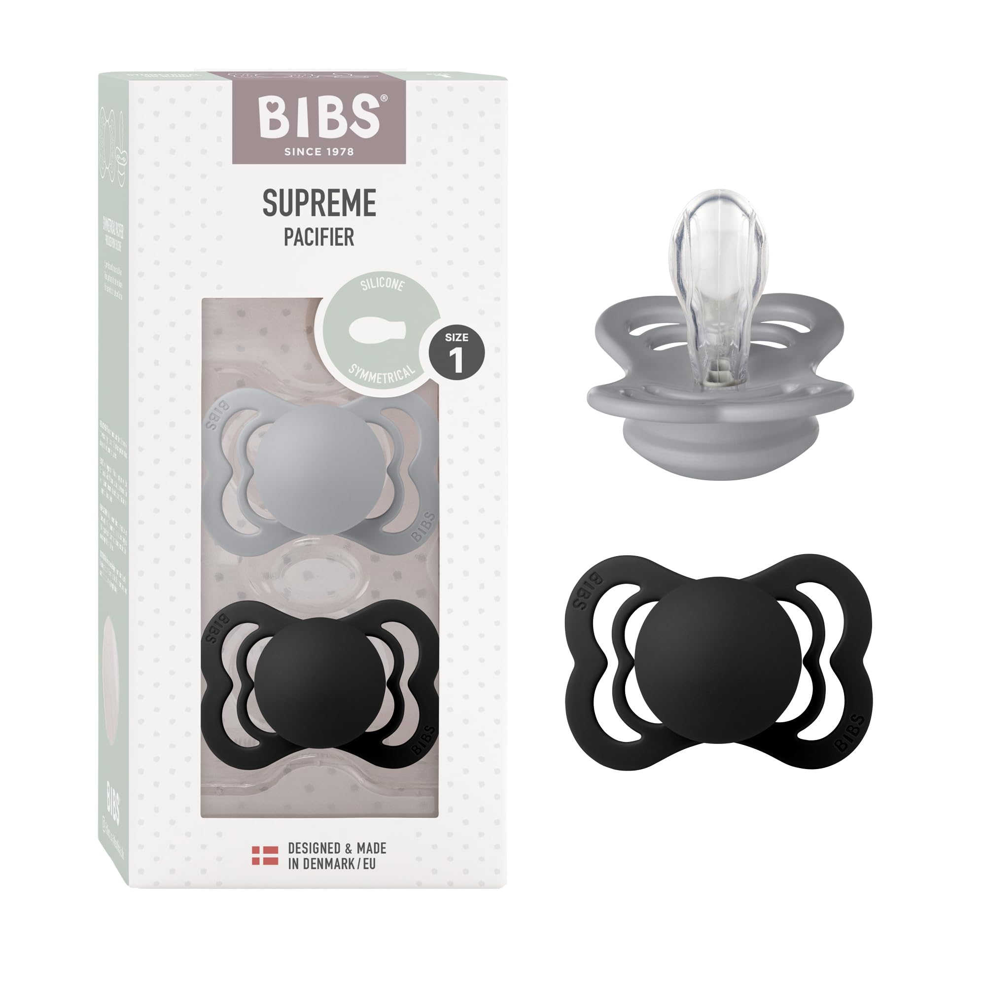 BIBS Supreme Dummies 2-Pack, BPA Free Dummy Pacifier, Silicone Symmetrical Nipple Soother, Size 1 (0-6 Months), Cloud/Black
