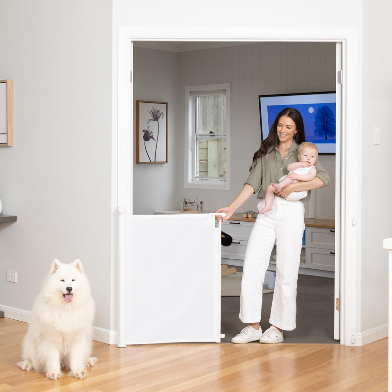 Indoor Outdoor Ultimate Retractable Safety Gate, 98cm Tall, Extends to 2m Wide, Extra Wide Stair Gate for Babies and Pets, One-Handed Operation, Wall Mounted, Space-Saving Design (White)