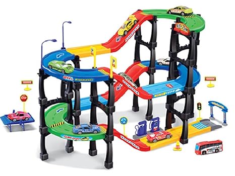 Dominiti Autogarage / Parkgarage mit Fahrzeugen / Kinder Spielzeug für Das Kinderzimmer / Tankstelle / Garage mit Autos (Bunt