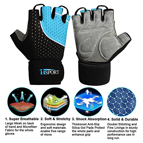 iiSPORT Workout Gloves with Wrist Support, Anti-Slip Padded Gym Gloves for Weightlifting Bodybuilding Crossfit Cross Training Gloves - Blue M