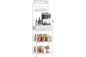YMYNY 5 Tier Coffee Bar Station, Coffee Stand with Fabric Drawers, 8 S-Shaped Hooks, Corner Bar Cabinet, Height Adjustable, Bakers Rack for Kitchen, Living Room, White HBR009W