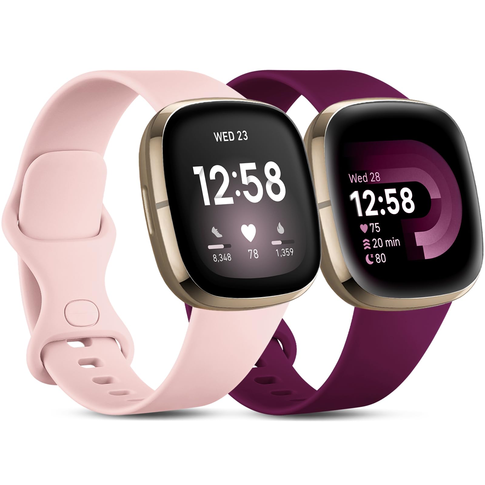 CeMiKa 2 Pack Bands Compatible with Fitbit Versa 4/Versa 3 Band/Fitbit Sense/Sense 2 Strap, Replacement Sport Wristband Compatible with Fitbit Versa 4/Versa 3/Sense, Small Pink/Fuchsia — image 1