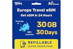 Europe eSIM 30 Day 30GB for 36 Countries | Refillable Super Economy Pack | Get eSIM in 24 Hours | High Coverage Multi-Operato