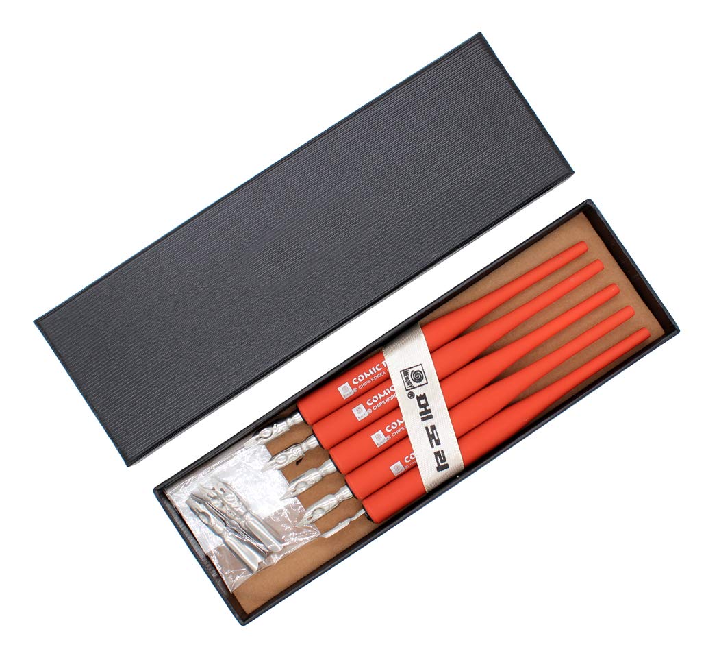 Hillento Calligraphy Pen Set, 5 Plastic Pen Holders Handles Gothic Calligraphy Dip Pens With 10 Nibs, Great for Comic/Calligraphy, Red