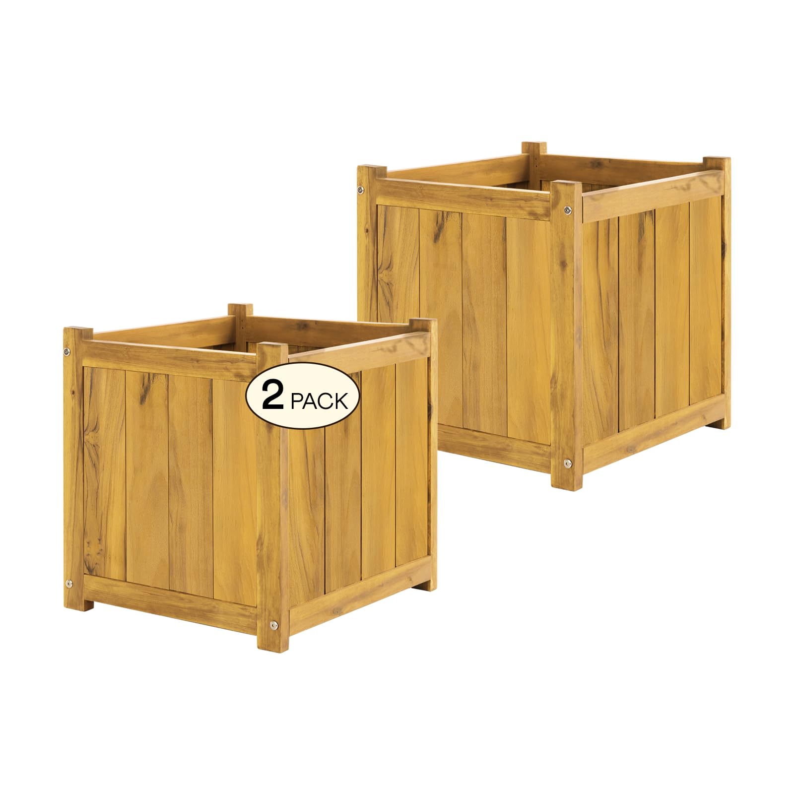 IDZO Set of 2 Acacia Wood Flower Planters for Outdoor Plants, Ergonomic Handles, Drainage Holes, Various Sizes, Ideal for Home Décor, Golden Teak Image
