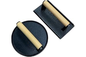 BENESTANTI Burger Press,Smash Burger Press for Blackstone Griddle, Heavy Duty Cast Iron Burger Press Round 6.9In & Rectangular 8.2x4.2In Bacon Grill Press with Wood Handle,for Griddle,Grill,Sandwich Cooking