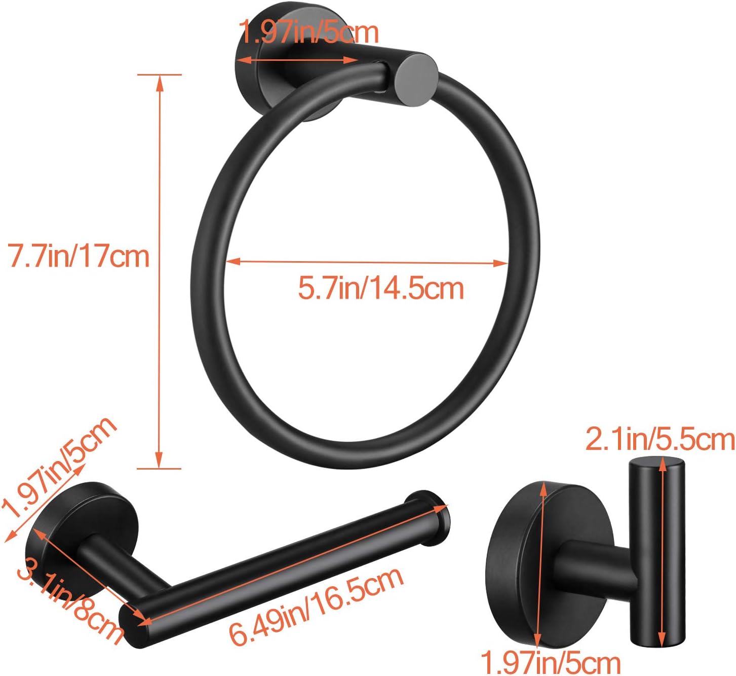 Pynsseu 304 Stainless Steel Bathroom Hardware Accessories Set Matte Black 3-Piece Set Includes Hand Towel Ring, Robe Towel Hook, Toilet Paper Holder Heavy Duty Wall Mount Bathroom Holder: Home & Kitchen