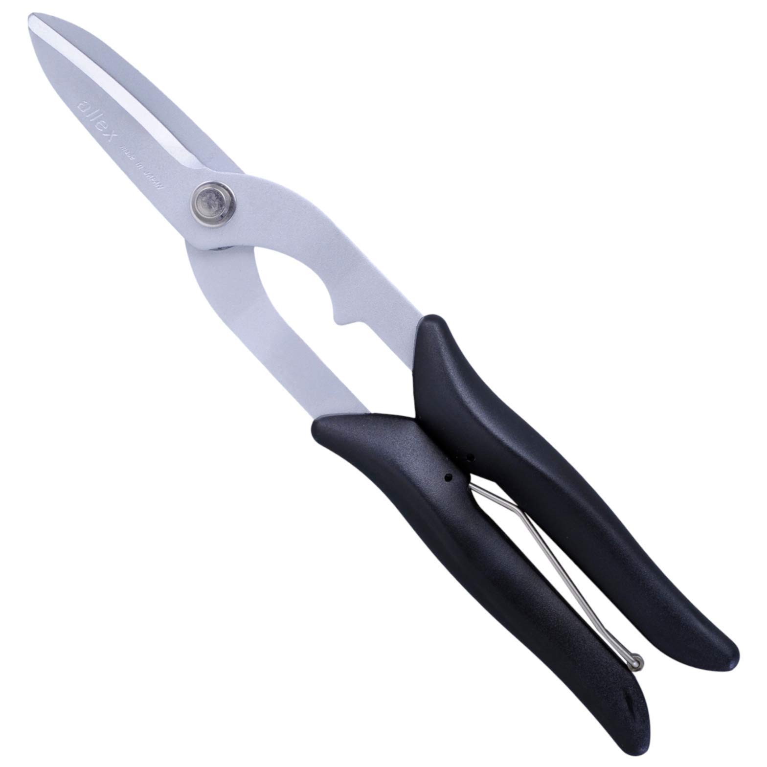 ALLEX Tin Snips for Cutting Metal Sheet 9.5 Inch, Japanese Steel Heavy Duty Metal Cutter Spring Loaded, Made in Japan, Curved Blade/Curve Cut, Black