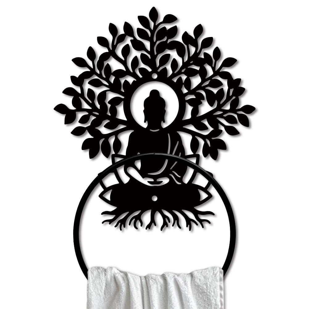 MAYJOYDIY Buddha Metal Towel Ring Tree of Life Towel Holder Lotus Buddha Meditation Towel Ring Rack Wall Mounted Black Art Towel Rack for Bathroom Kitchen Towel Hanger Home Decors Gift
