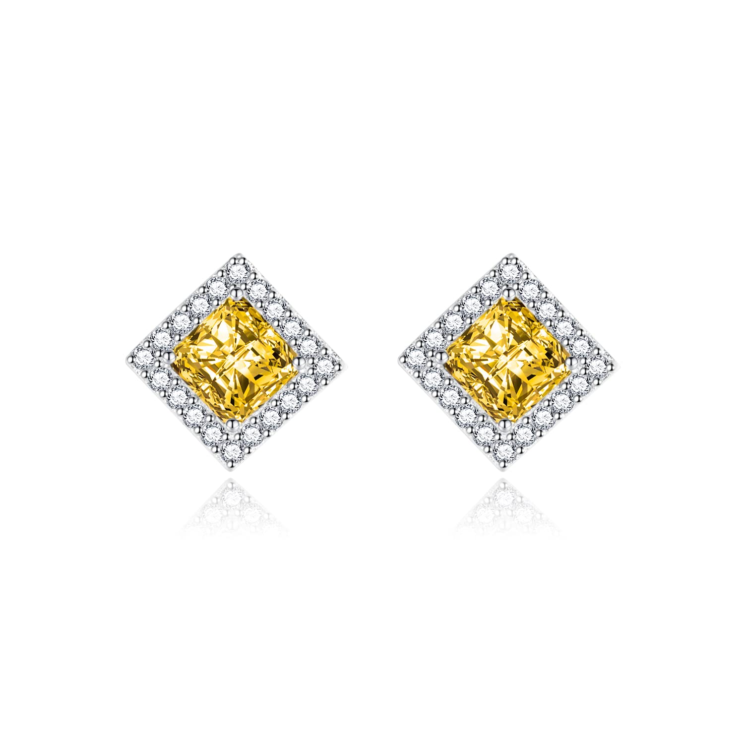 Shuxin Sterling Silver Stud Earrings for Women, Silver Square Cubic Zirconia Stud Earrings, Big Yellow Faux Crystal Diamond Gemstone Studs Earrings, Bridal Earrings for Brides Bridesmaids Wedding