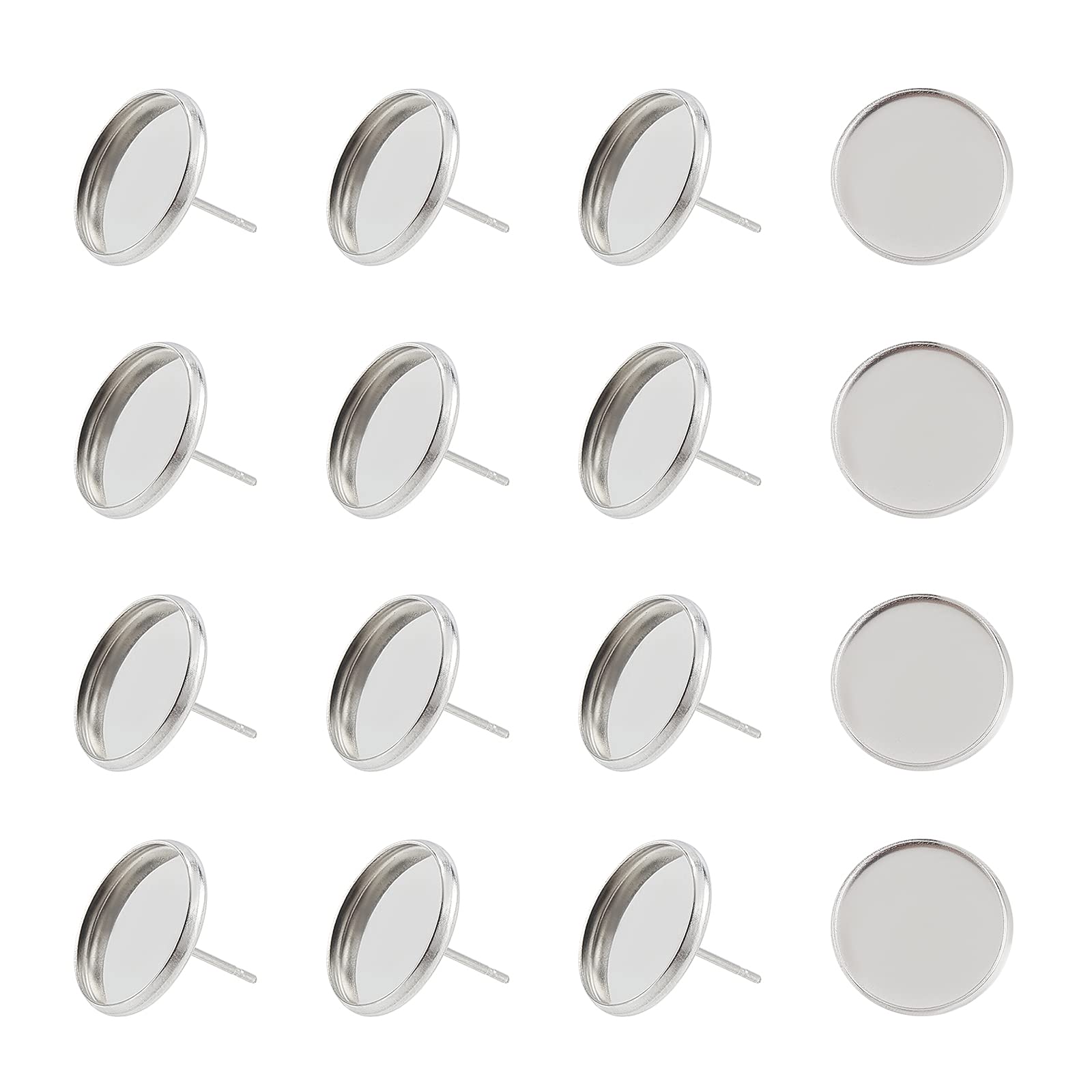 UNICRAFTALE 200pcs 14mm Stainless Steel Stud Earring Flat Round Bezel Earring Earring Blank Trays Cabochon Earring Setting for Earring Making DIY