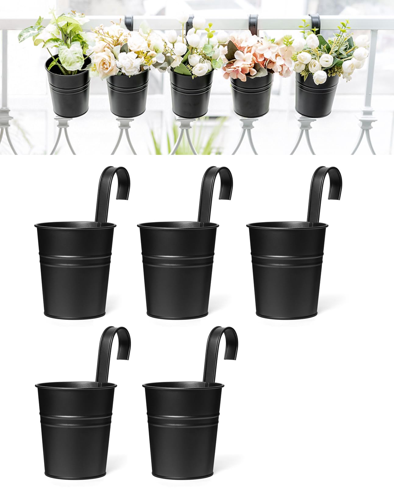 Photo 1 of Dahey 5 Pcs Hanging Flower Pots 4 Inches Metal Iron Bucket Outdoor Planter for Railing Fence Balcony Garden Home Decoration Flower Holders with Detachable Hooks, Black