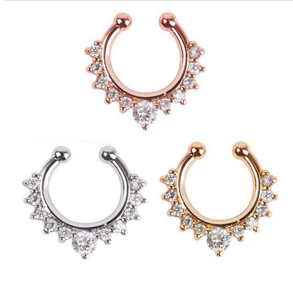 Septum Fake Nose Ring Jewelry,Women Girls Septum Ring Crystal Faux Nose Rings Non-Piercing Body Jewelry Clip On Clicker Black/Silver/Gold/Rose Gold- Gift Choice (8 PCS)