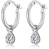 Dangle Hoop Earrings for Women, 925 Sterling Silver Hoop Earrings with Charms Tiny Baguette Round Teardrop Trio Cubic Zirconia Pearl Drop Dangling Cartilage Helix Tragus Diamond Jewelry Gifts