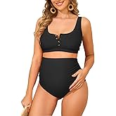 Zando Maternity Swimsuit High Waisted Bikini Set Button Down Maternity Bathing Suit 2 Piece Swimsuit for Women