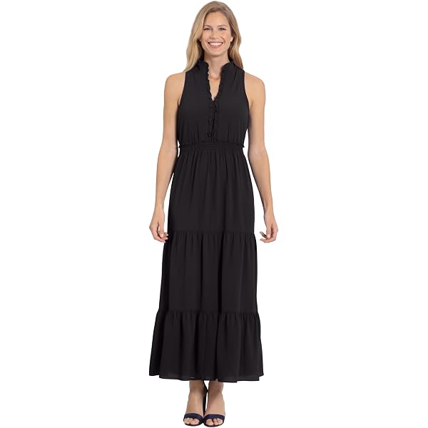 London Times Women's Dresses Women's Flutter Sleeve Tiered Maxi - Ruffle  Neck Elastic Waist