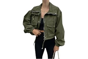 EFOFEI Womens Cropped Long Sleeve Bomber Jacket Trendy Zip Up Coats Lightweight Utility Anorak Coat with Pockets