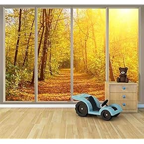 Wall26 - Large Wall Mural - Golden Autumn View Seen Through Sliding Glass Doors | 3D Visual Effect Self-Adhesive Vinyl Wallpaper/Removable Modern Decorating Wall Art - 66"x96"