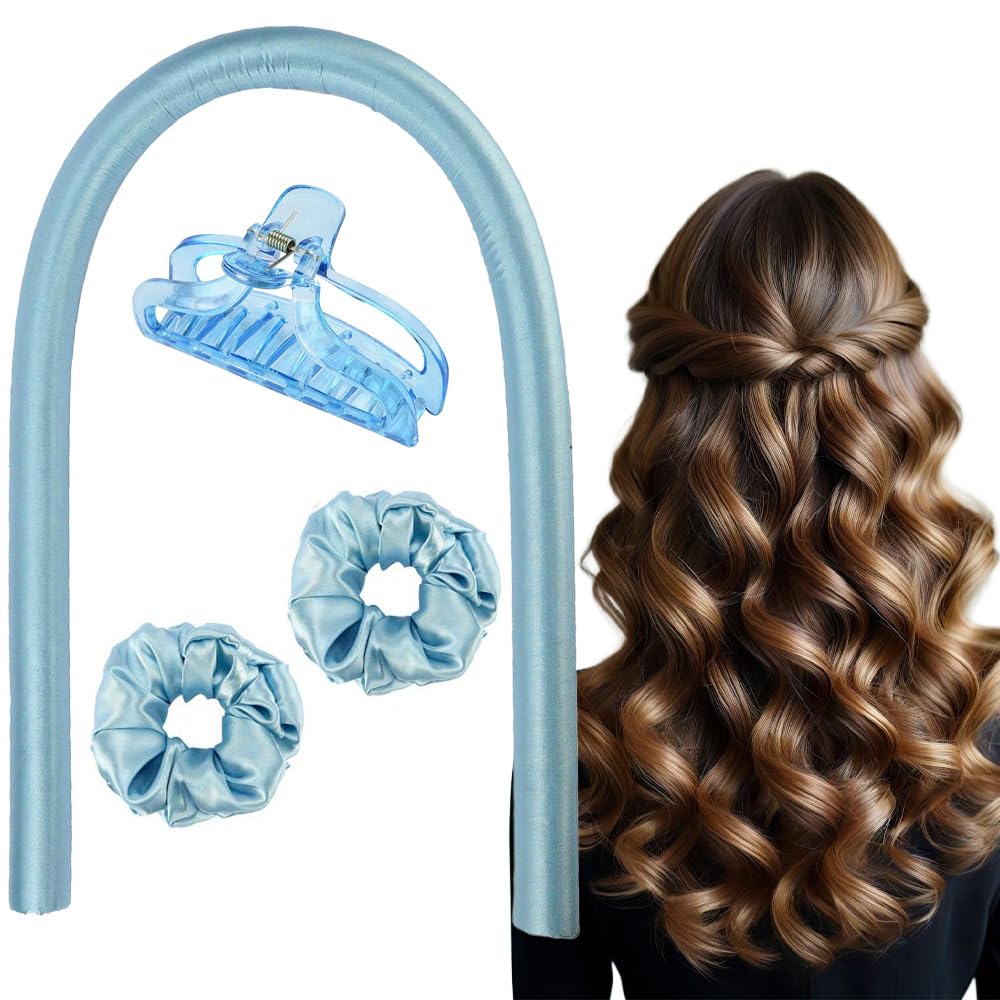Heatless Curling Rod Headband, DIY Heatless Curling, No Heat Curls Silk Ribbon Hair Rollers Sleeping Soft Headband Wave Hair Curlers DIY Hair Styling Tools for Long Medium Hair (Blue)