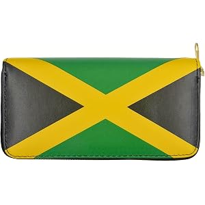 Loukritia Jamaica Flag Long Wallet, Double Zipper Wallet with Black Green and Gold Color Design, Large Capacity Unisex Wallet