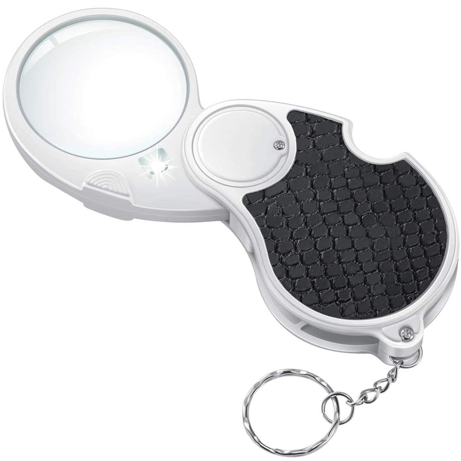 Magnifying Glass with Light, Small Illuminated Foldable Pocket Magnifying Glass, 5x Handheld Mini Keyring Magnifier for Reading Hobby Travel Drawings Map - Flip Lens with 45 mm Diameter