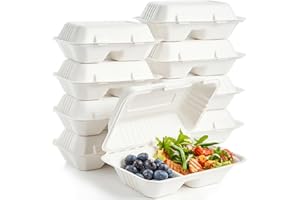 Elsjoy 90 Pack 9"x 6" Clamshell To Go Containers, 2 Compartment Compostable Hinged Food Containers Disposable To Go Boxes, Su