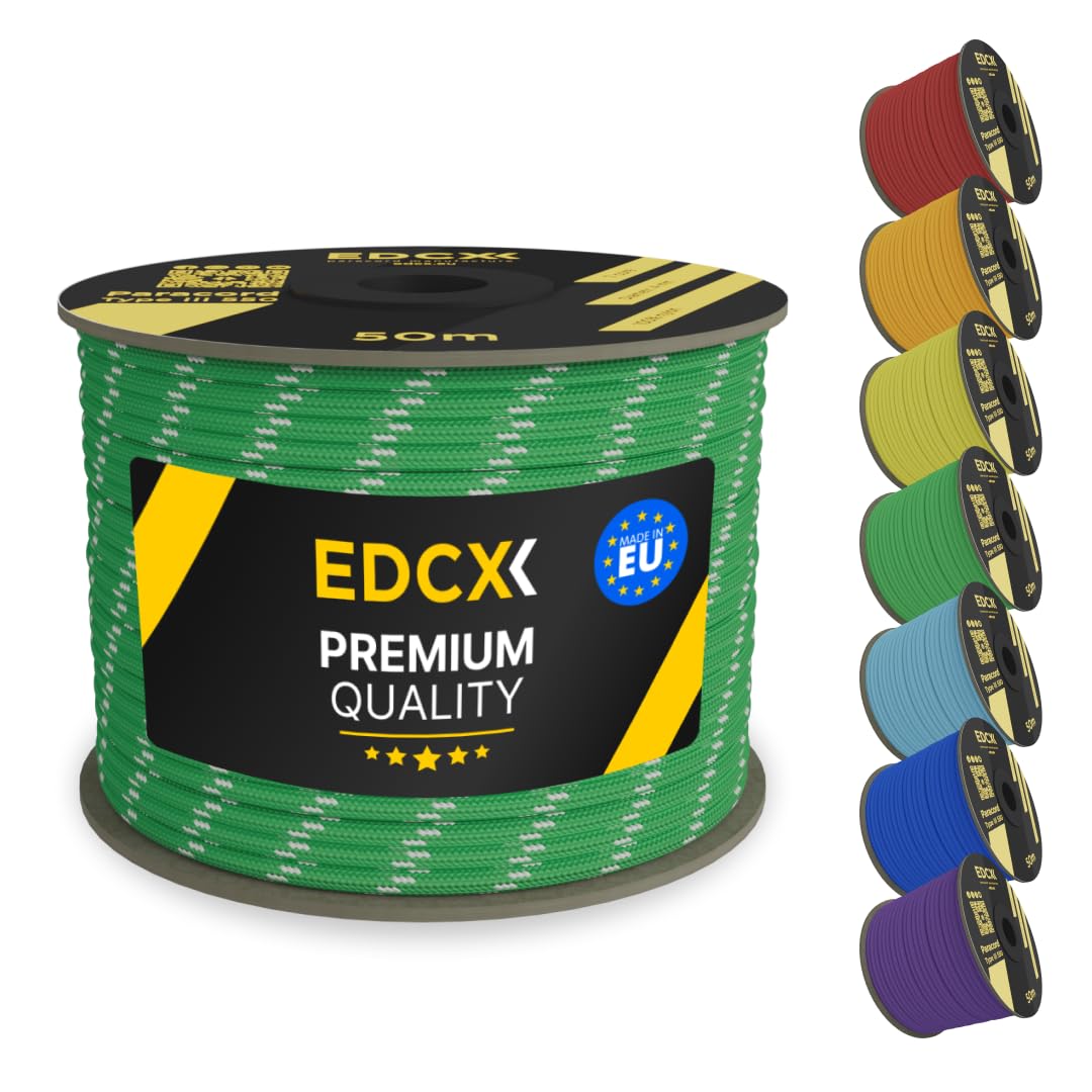 EDCX 4mm Nylon Paracord 550 50m (165 feet) | Ideal for Camping, Survival, Outdoor, Crafting, DIY | 100% Nylon Rope 4mm | Paracord 550 Type III in Solid Color (Reflective Green, 50 m)